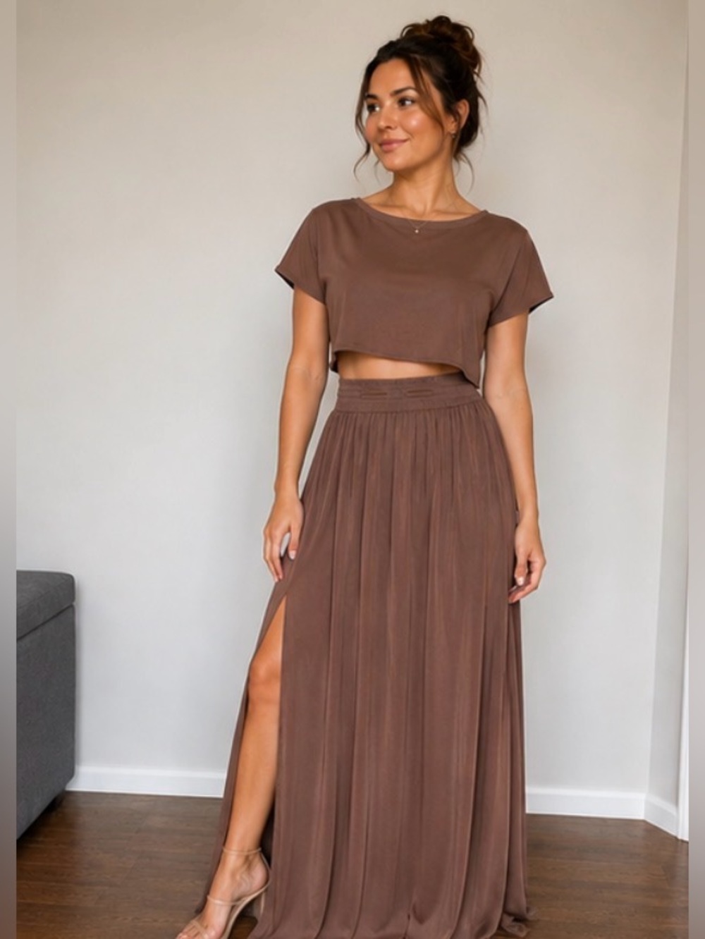 Zenana Mocha Flowy Maxi Skirt & Cropped Top Set Size M NWT | Boho Chic - Picture 2 of 6